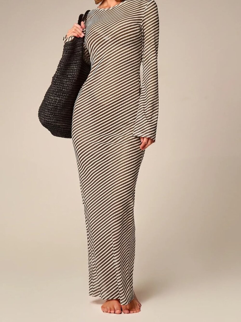 Brown Elegant Women's Striped Mesh Long Sleeve Round Neck Bodycon Dress